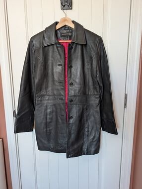 Kenneth Cole New York Leather Long Jacket Small Black/Pink